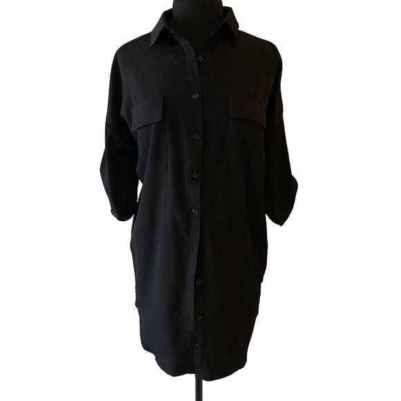 Lulu's Shirt Dress Womens Small Business Button Up Black Blouson Silky Dress - Picture 1 of 16